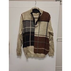 Montique‎ Mens L Sweater Quarter Zip Beige Brown Black Knit Pullover Top